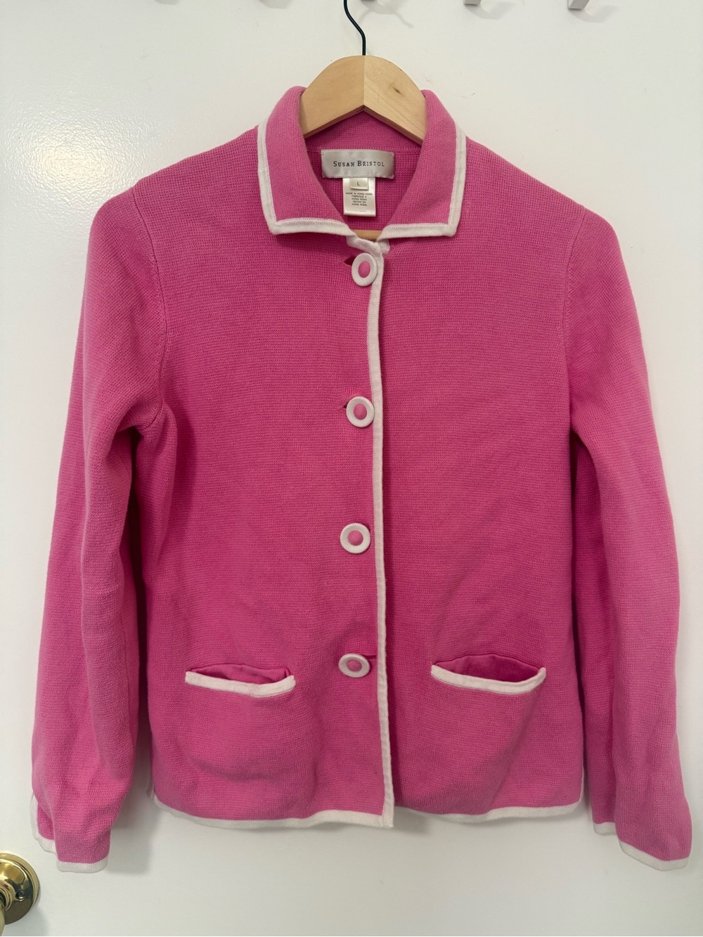 Vintage Susan Bristol Women' Pink Button-Front Knit Jacket with White Trim